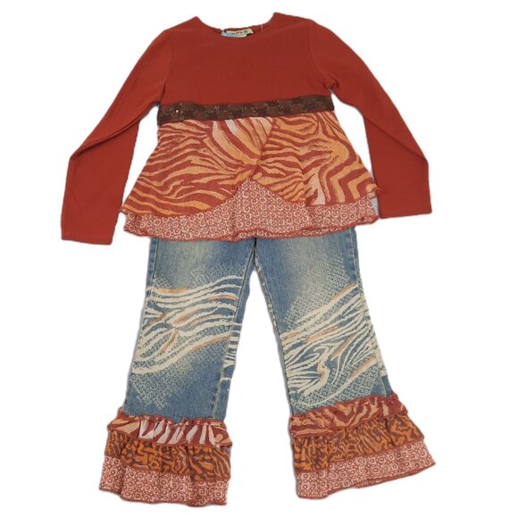 Little Mass Girls Outfit 6 Brown Ruffle Top & Blue Flare Jeans Y2K 2000s Boho - Picture 2 of 16